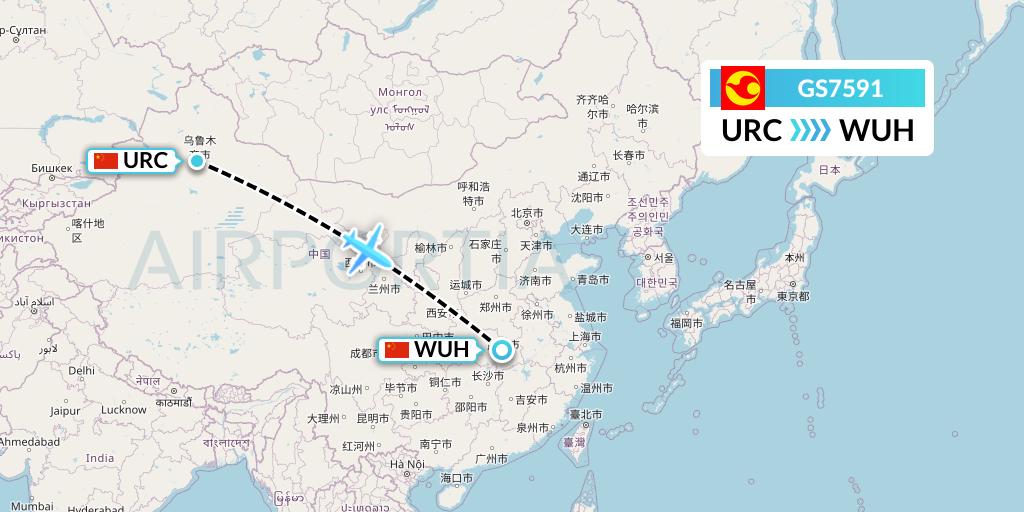 GS7591 Tianjin Airlines Flight Map: Urumqi to Wuhan