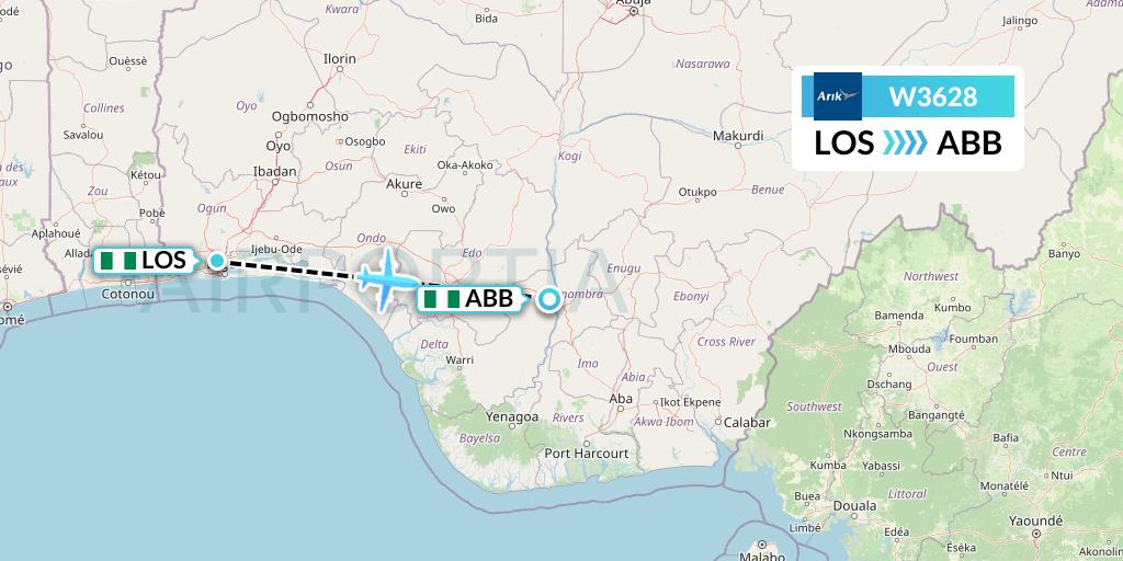 W3628 Arik Air Flight Map: Lagos to Asaba