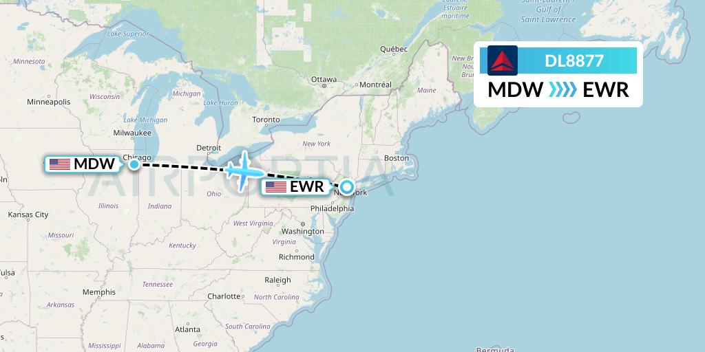 DL8877 Delta Air Lines Flight Map: Chicago to New York