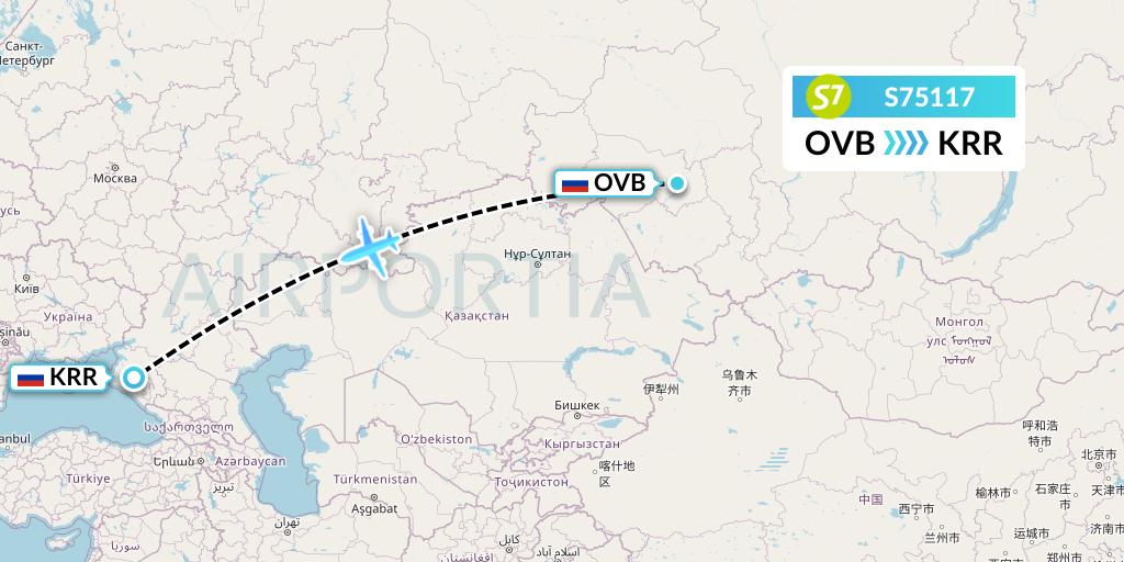 S75117 S7 Airlines Flight Map: Novosibirsk to Krasnodar
