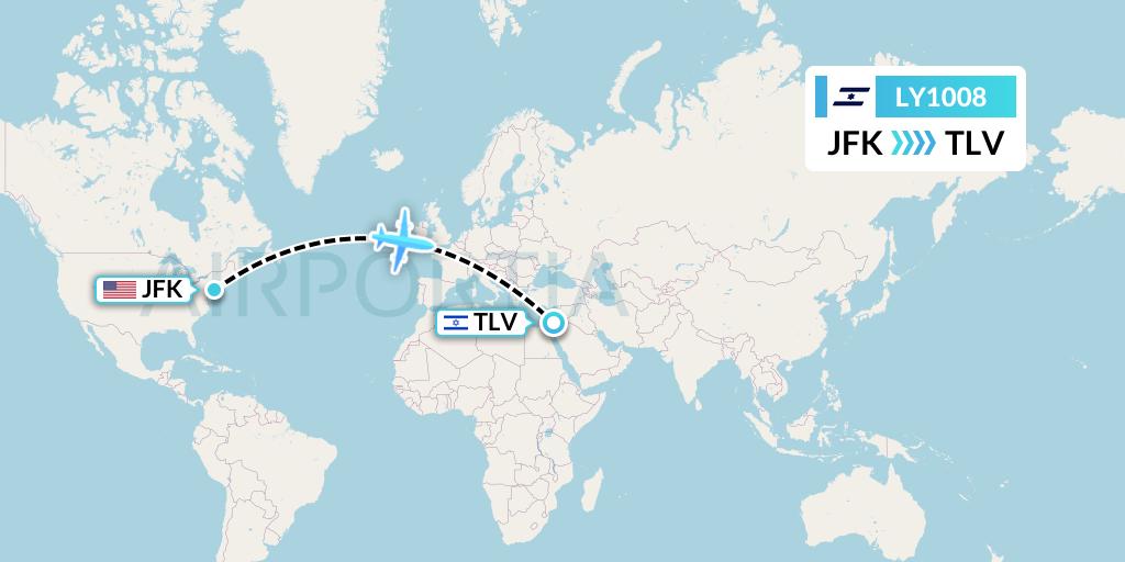 LY1008 El Al Flight Map: New York to Tel Aviv