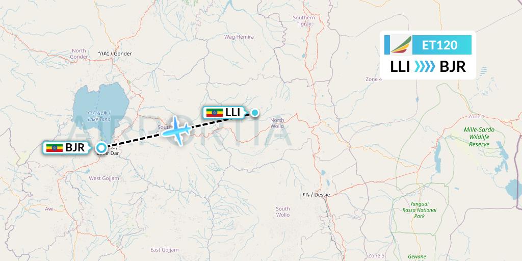 ET120 Ethiopian Airlines Flight Map: Lalibela to Bahir Dar