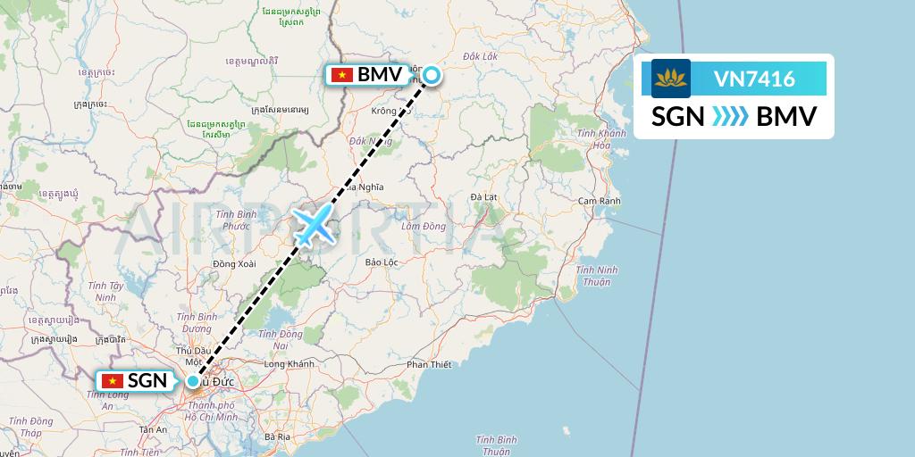 VN7416 Vietnam Airlines Flight Map: Ho Chi Minh City to Buon Ma Thuot