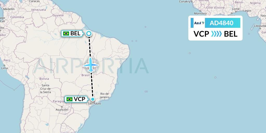 AD4840 Azul Brazilian Airlines Flight Map: Campinas to Belem