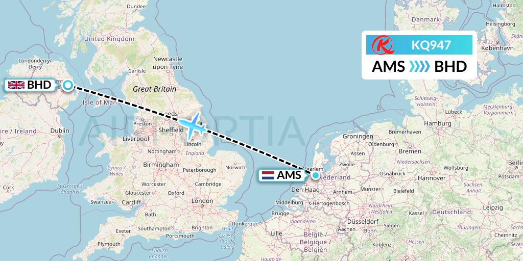 KQ947 Kenya Airways Flight Map: Amsterdam to Belfast