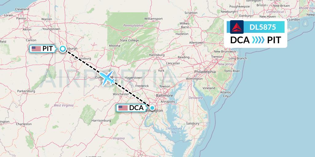 DL5875 Delta Air Lines Flight Map: Washington to Pittsburgh