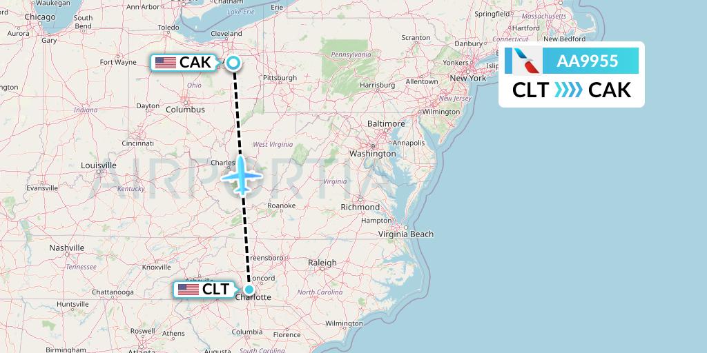 AA9955 American Airlines Flight Map: Charlotte to Akron