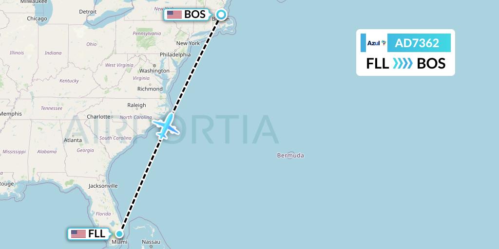 AD7362 Azul Brazilian Airlines Flight Map: Fort Lauderdale to Boston