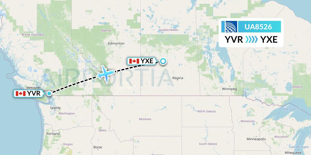 UA8526 United Airlines Flight Map: Vancouver to Saskatoon