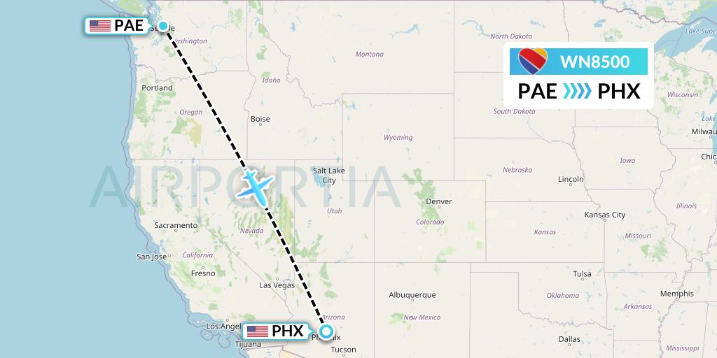 WN8500 Southwest Airlines Flight Map: Everett to Phoenix