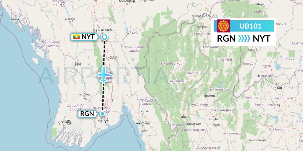 UB101 Myanmar National Airlines Flight Map: Yangon to Naypyidaw 