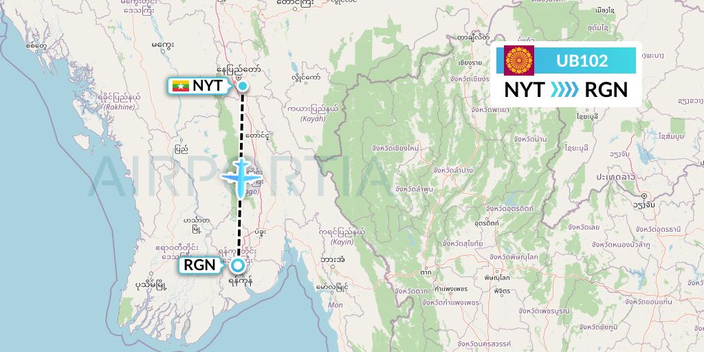 UB102 Myanmar National Airlines Flight Map: Naypyidaw to Yangon