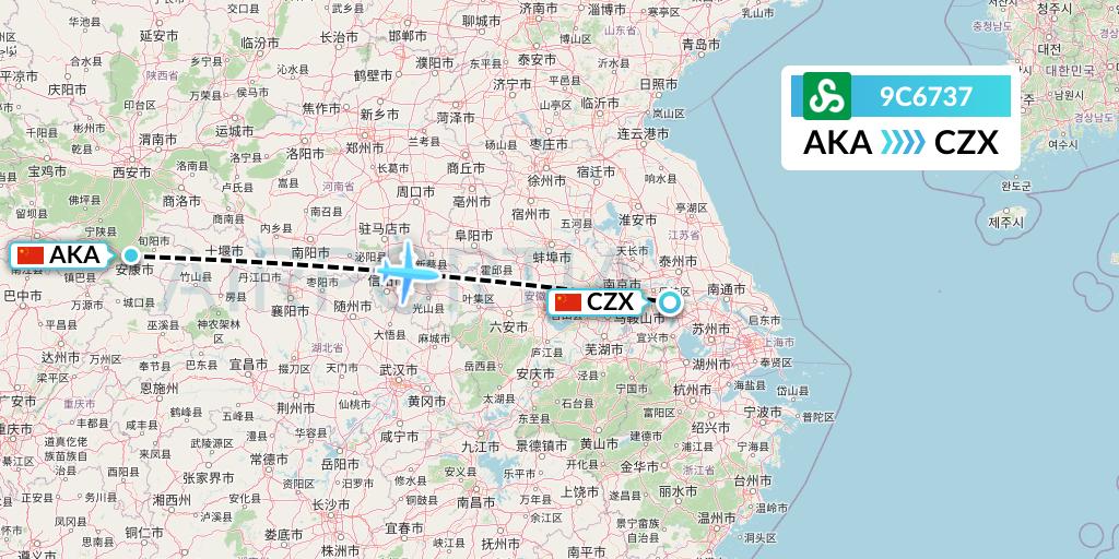 9C6737 Spring Airlines Flight Map: Ankang to Changzhou