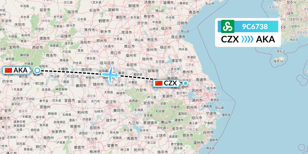 9C6738 Spring Airlines Flight Map: Changzhou to Ankang
