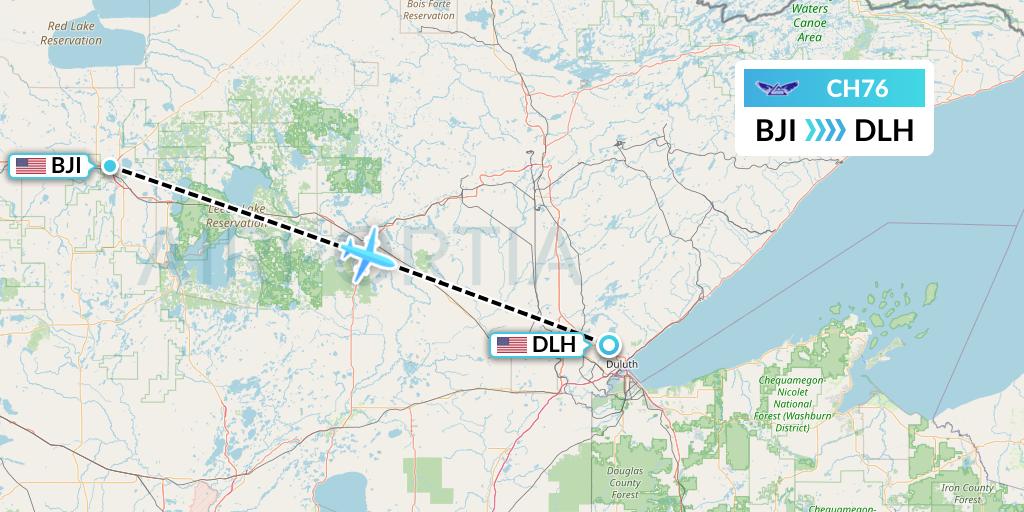 CH76 Bemidji Airlines Flight Map: Bemidji to Duluth