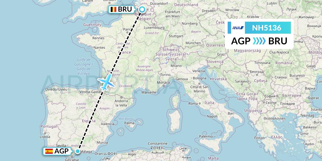 NH5136 All Nippon Airways Flight Map: Malaga to Brussels