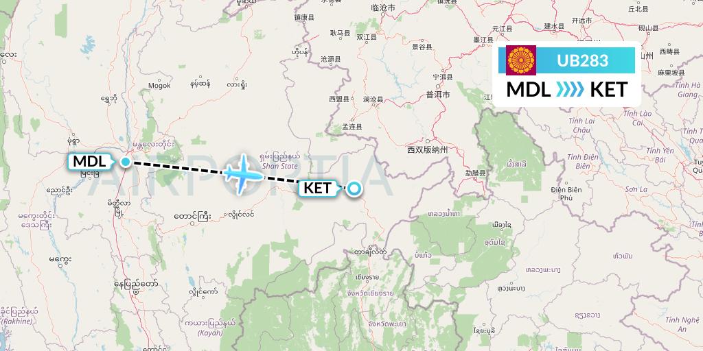 UB283 Myanmar National Airlines Flight Map: Mandalay to Kengtung
