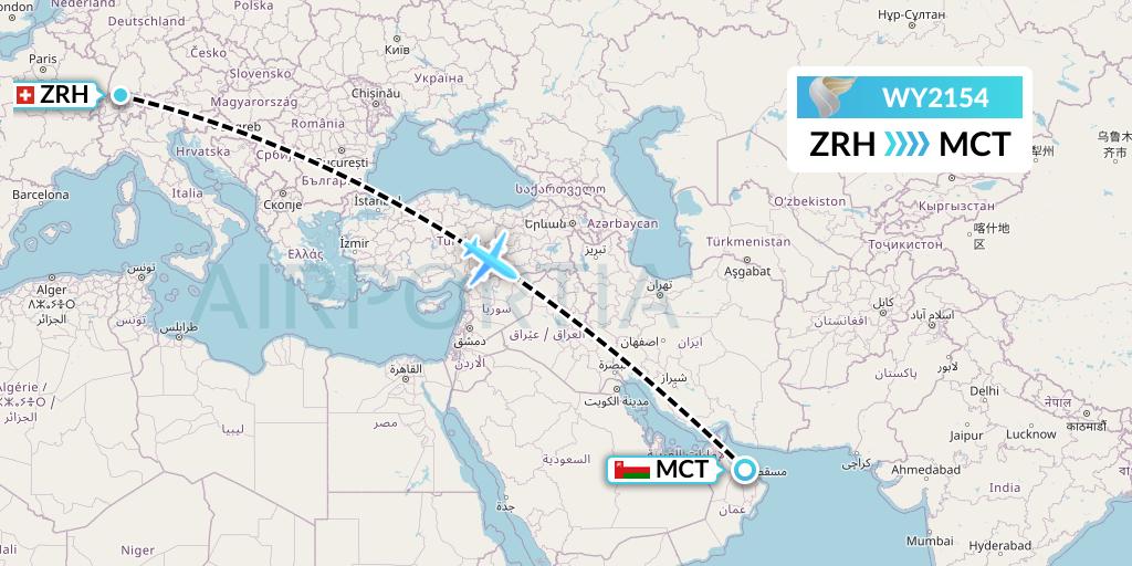 WY2154 Oman Air Flight Map: Zurich to Muscat