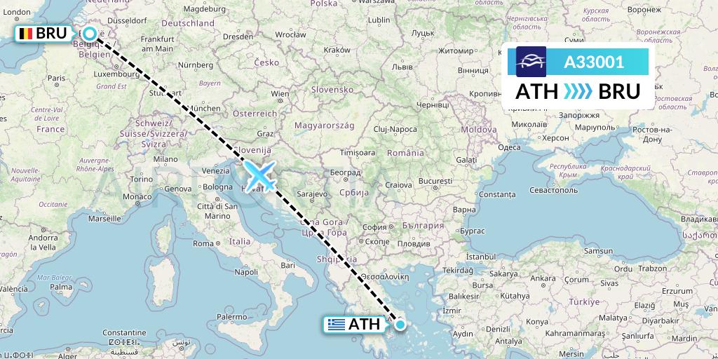 A33001 Aegean Airlines Flight Map: Athens to Brussels