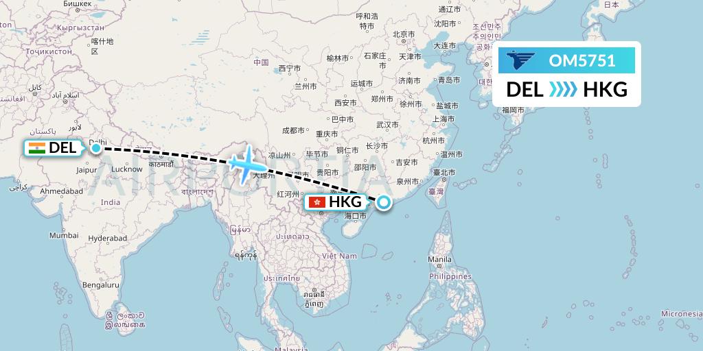 OM5751 MIAT Mongolian Airlines Flight Map: Delhi to Hong Kong