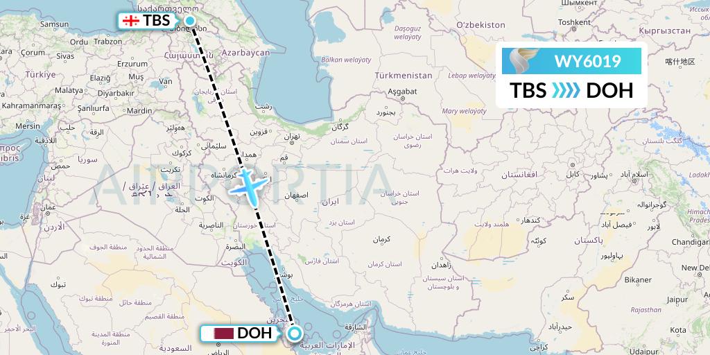 WY6019 Oman Air Flight Map: Tbilisi to Doha