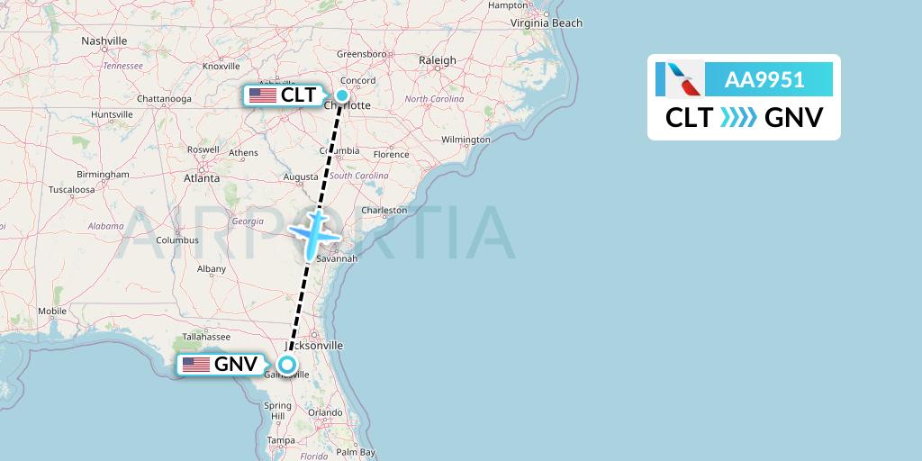 AA9951 American Airlines Flight Map: Charlotte to Gainesville