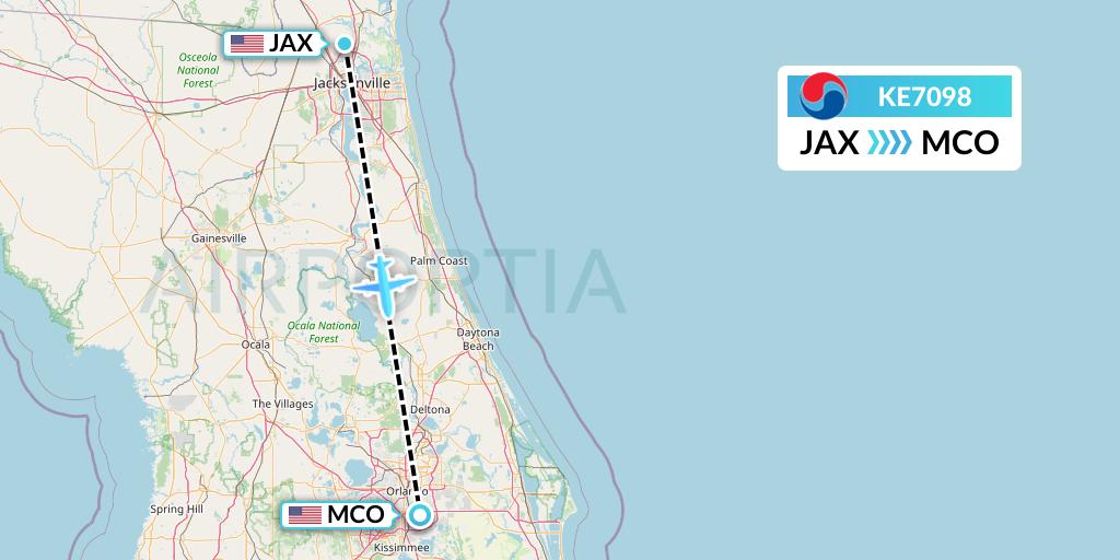 KE7098 Korean Air Flight Map: Jacksonville to Orlando