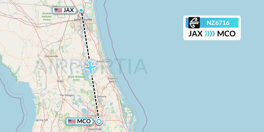 NZ6716 Air New Zealand Flight Map: Jacksonville to Orlando