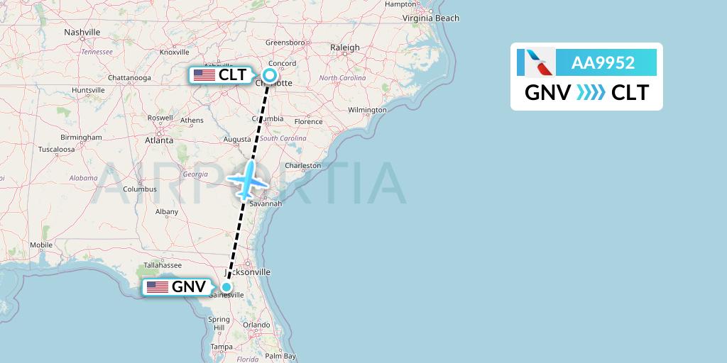 AA9952 American Airlines Flight Map: Gainesville to Charlotte