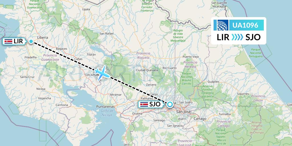 UA1096 United Airlines Flight Map: Liberia to San Jose