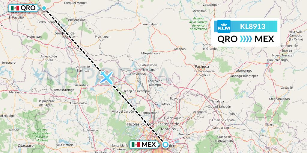 KL8913 KLM Flight Map: Queretaro to Mexico City
