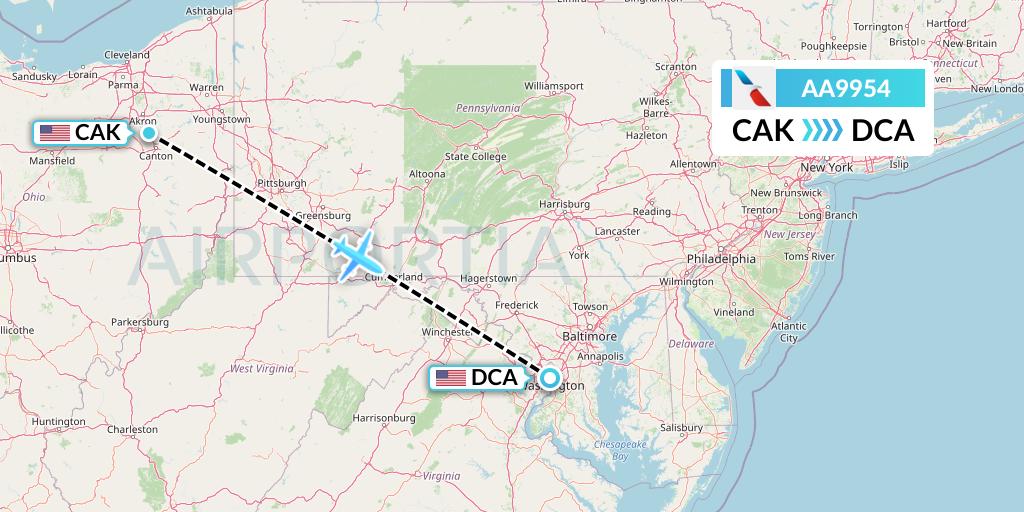 AA9954 American Airlines Flight Map: Akron to Washington