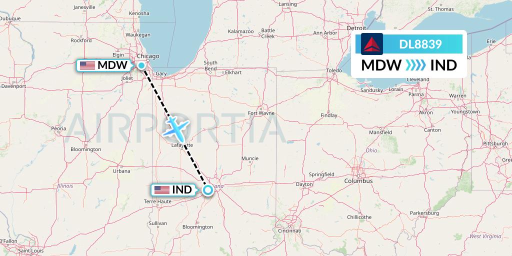DL8839 Delta Air Lines Flight Map: Chicago to Indianapolis