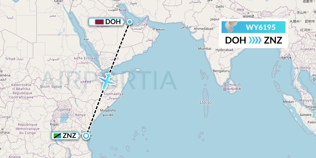 WY6195 Oman Air Flight Map: Doha to Zanzibar