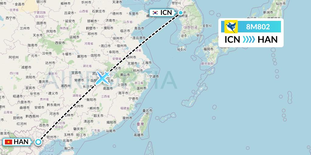 8M802 Myanmar Airways International Flight Map: Seoul to Hanoi