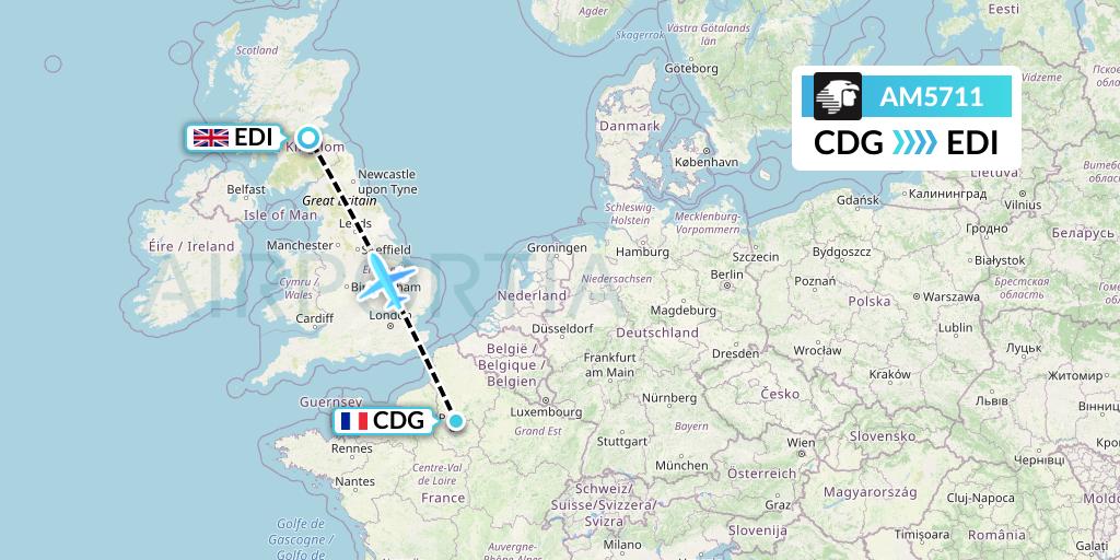 AM5711 Aeromexico Flight Map: Paris to Edinburgh