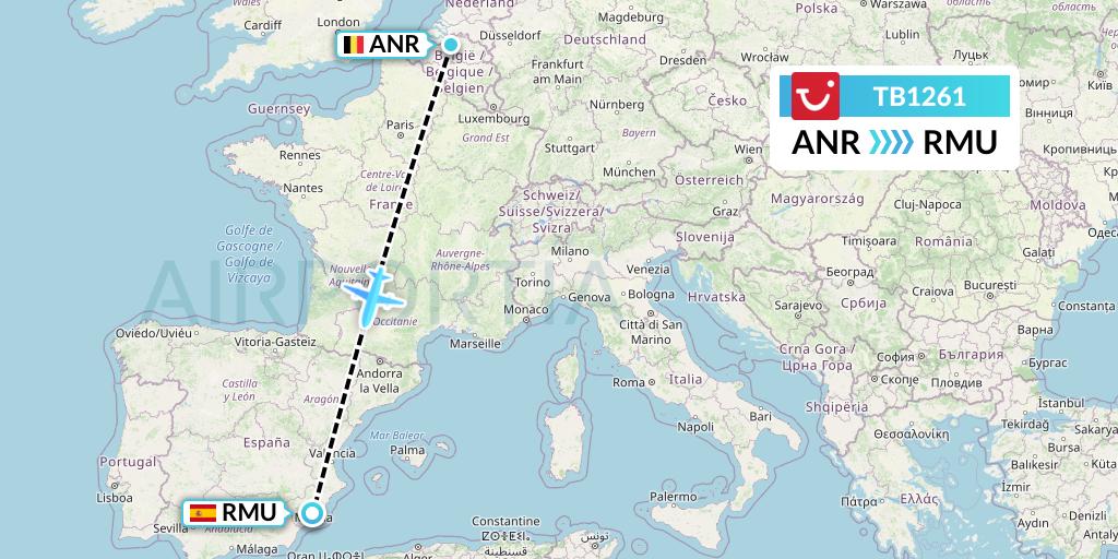 TB1261 TUI fly Belgium Flight Map: Antwerp to Murcia