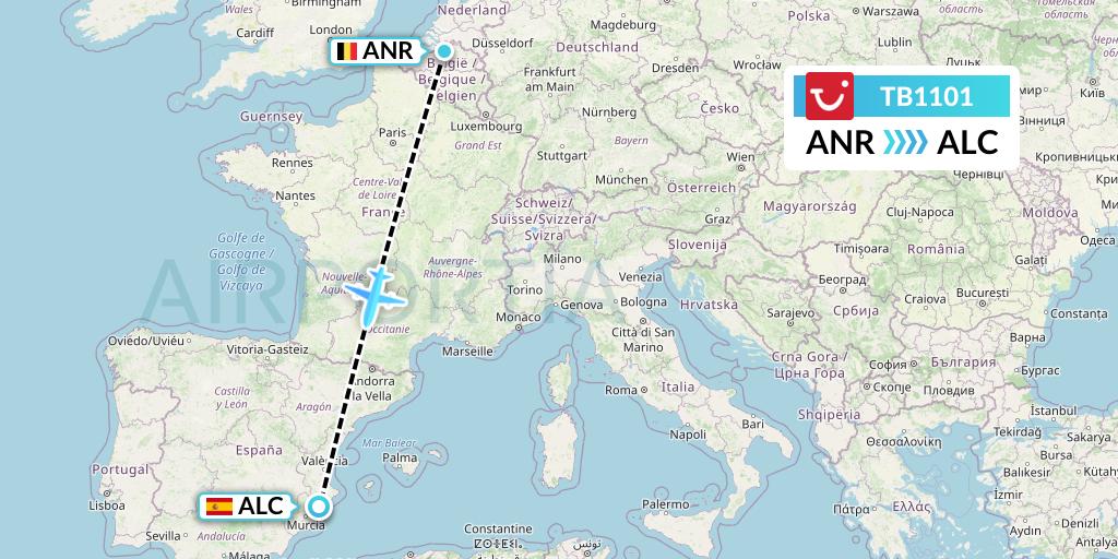 TB1101 TUI fly Belgium Flight Map: Antwerp to Alicante