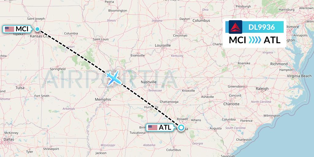 DL9936 Delta Air Lines Flight Map: Kansas City to Atlanta