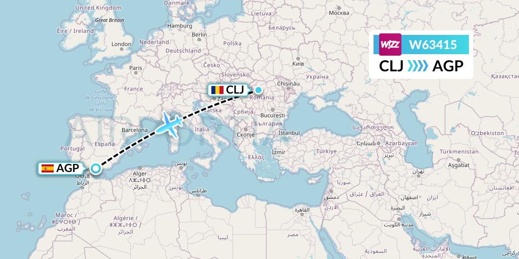 W63415 Wizz Air Flight Map: Cluj-Napoca to Malaga