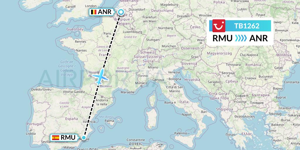 TB1262 TUI fly Belgium Flight Map: Murcia to Antwerp