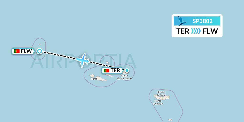 SP3802 SATA Air Acores Flight Map: Lajes to Flores