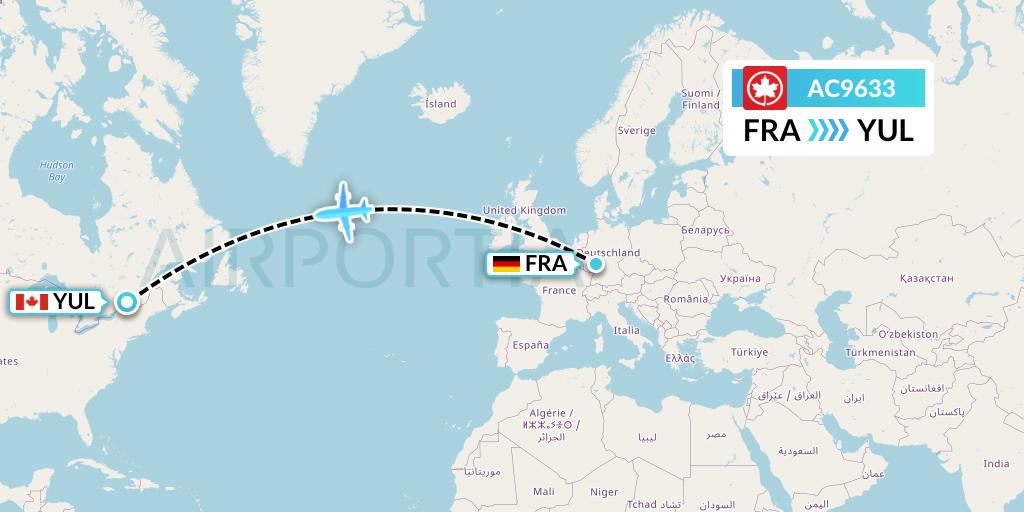 AC9633 Air Canada Flight Map: Frankfurt to Montreal