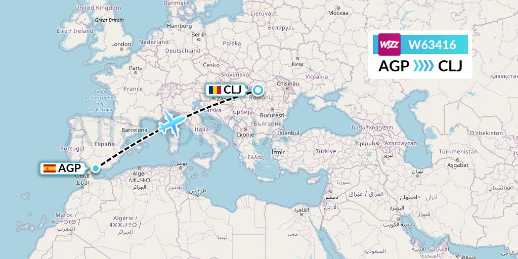 W63416 Wizz Air Flight Map: Malaga to Cluj-Napoca