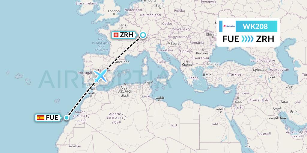 WK208 Edelweiss Air Flight Map: Fuerteventura to Zurich