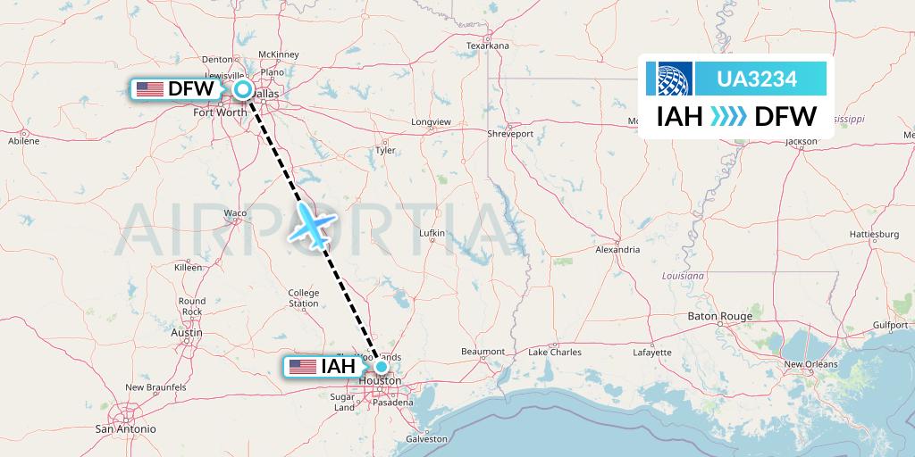 UA3234 United Airlines Flight Map: Houston to Dallas
