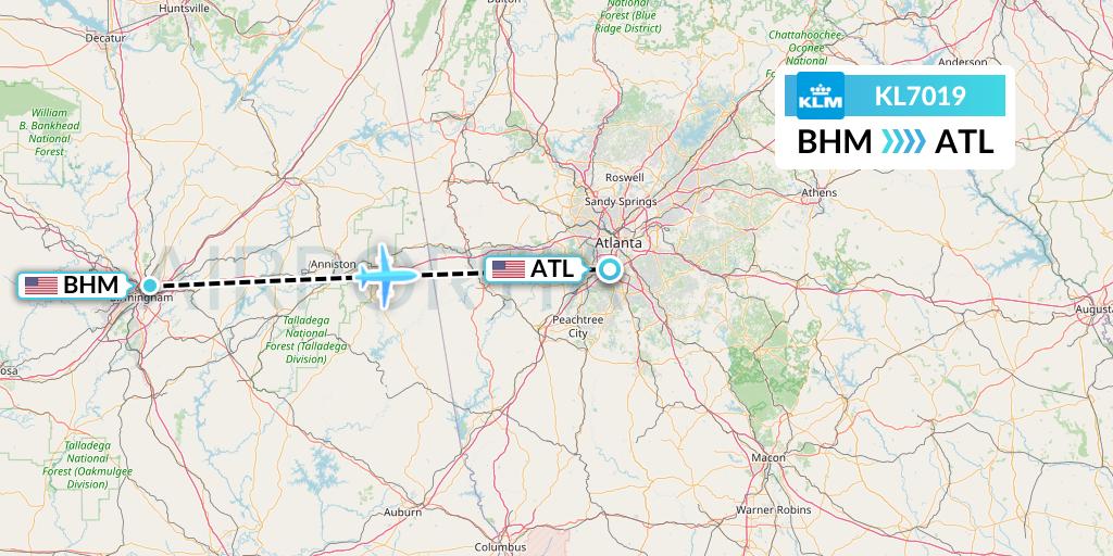 KL7019 KLM Flight Map: Birmingham to Atlanta