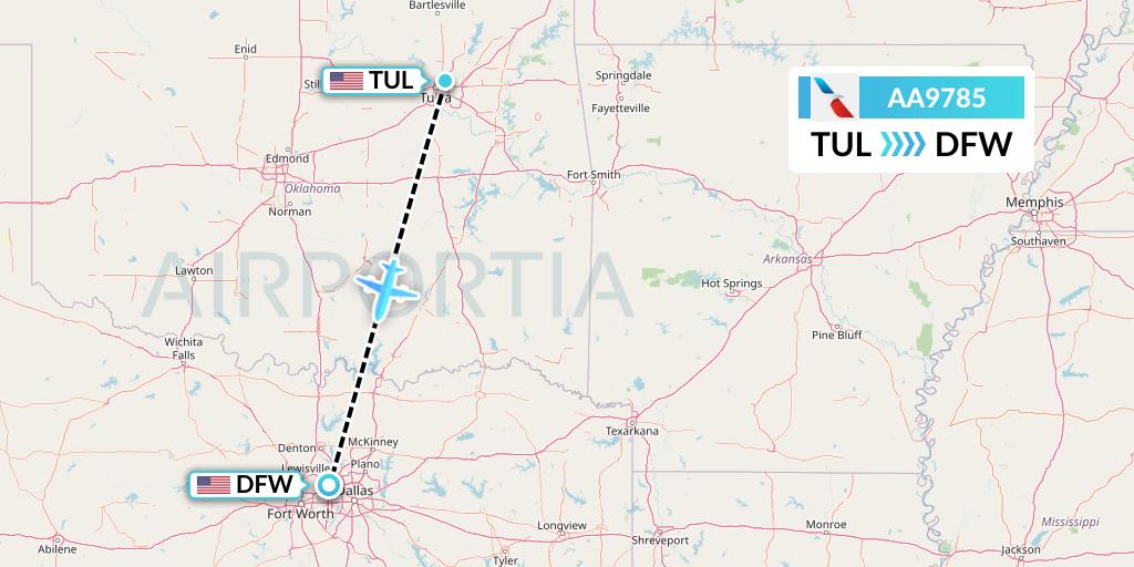 AA9785 American Airlines Flight Map: Tulsa to Dallas