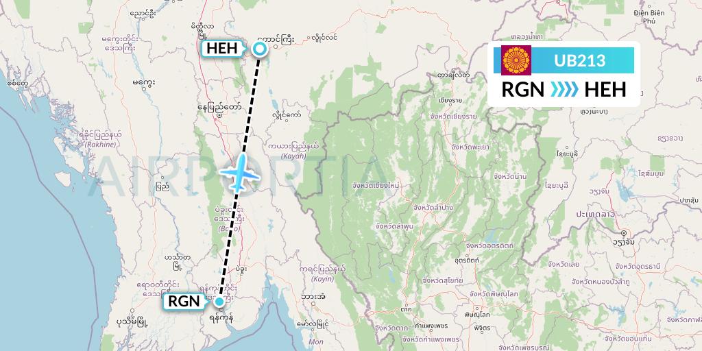 UB213 Myanmar National Airlines Flight Map: Yangon to Heho