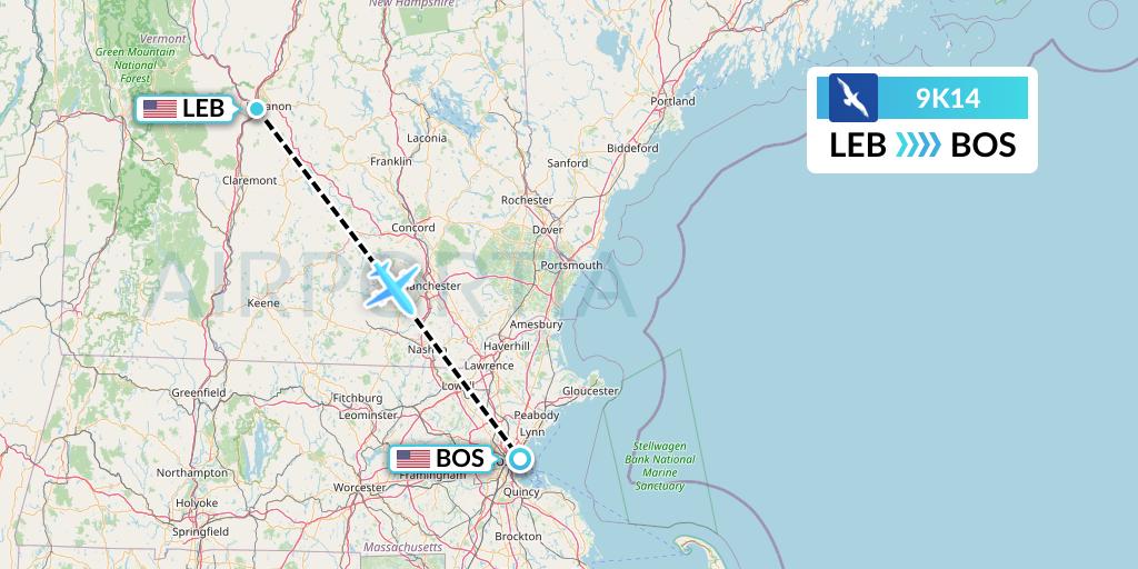 9K14 Cape Air Flight Map: Lebanon to Boston